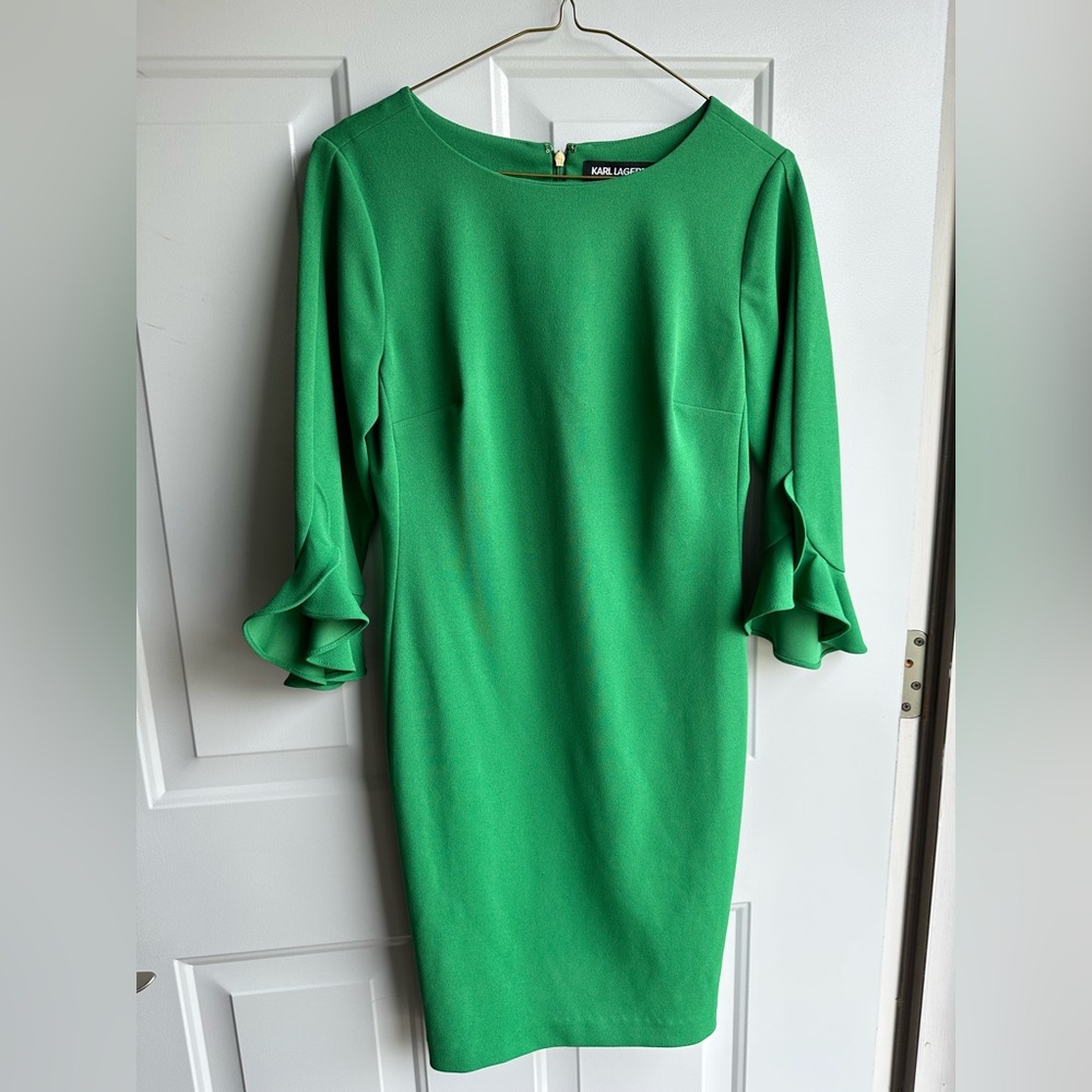 NWOT KARL LAGERFELD Green Ruffle Tulip Sleeve Dress
